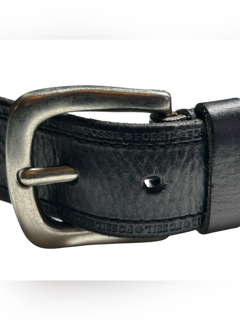 Fossil Black Leather Belt with Brushed Silver Buckle Size M - Picture 2 of 8